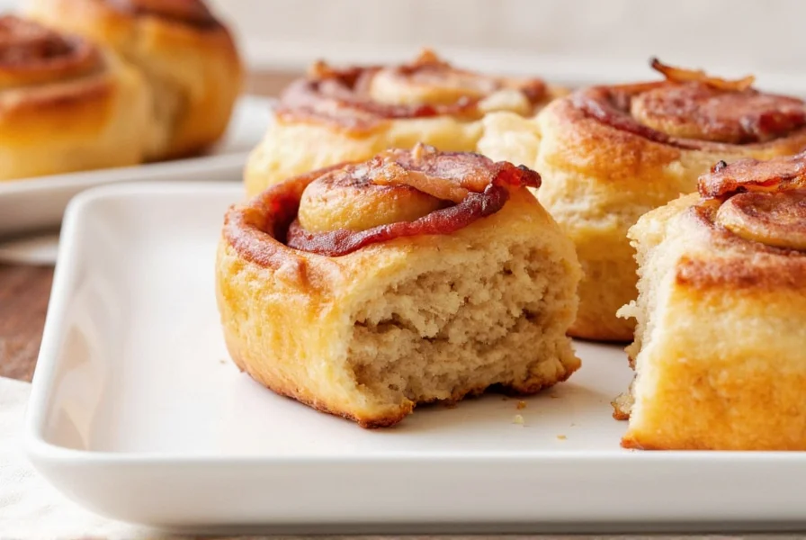 Step-by-step preparation of homemade bacon cinnamon rolls showing dough rolling, bacon distribution, and final baked product with maple glaze