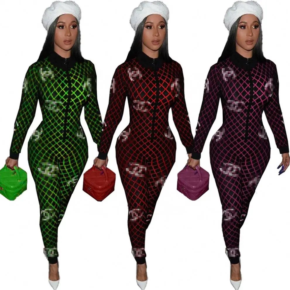 

Hot sell autumn high quality women's clothes the grid design high collar full length jumpsuit