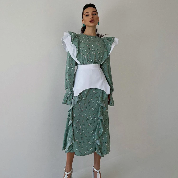 

Woman Clothes Custom Flare Sleeve Print Midi Long Ladies Dress Fall Long Sleeves Elegant Lady Ruffle Corset Floral Dresses Women