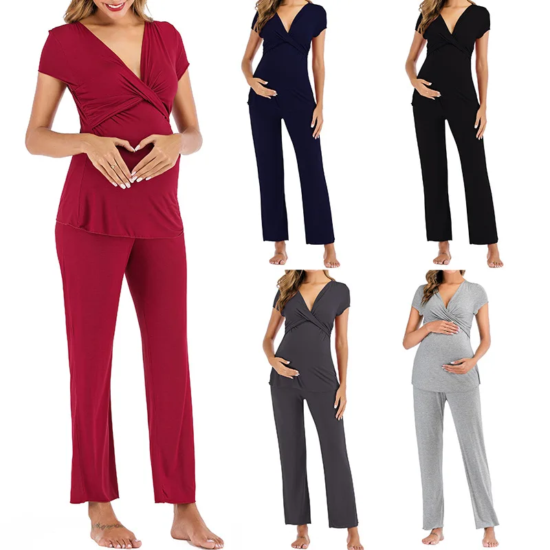 

2020 Cozy Modal Plus Size ladies Short Sleeve Postpartum Maternity Sleepwear Pajamas Nursing Sets for Women Breastfeeding sleep, As pic.