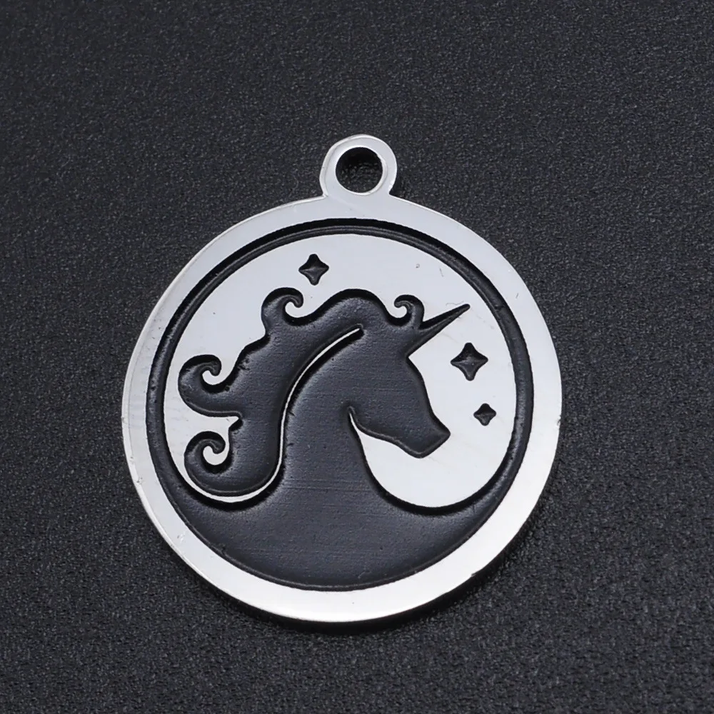 

5Pcs/Bag Stainless Steel Round Laser Marking Unicorn Pendant Diy Jewelry Accessory