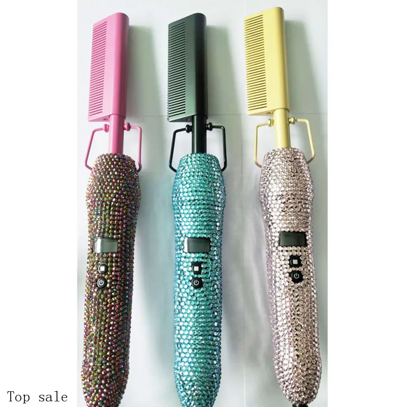

new bedazzled custom Copper comb 2021 rhinestone Mini diamond Hair Straightening Hot Press Comb Electric hair straightener, Gold+ black
