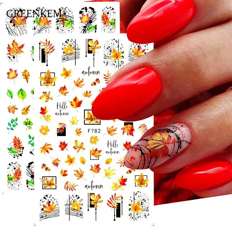 

GREENKEM 3D Yellow Gold Fall DIY Sliders Nail Art Decoration Autumn Adhesive Manicure Decals Maple Leaves Nail Stickers, Colorful