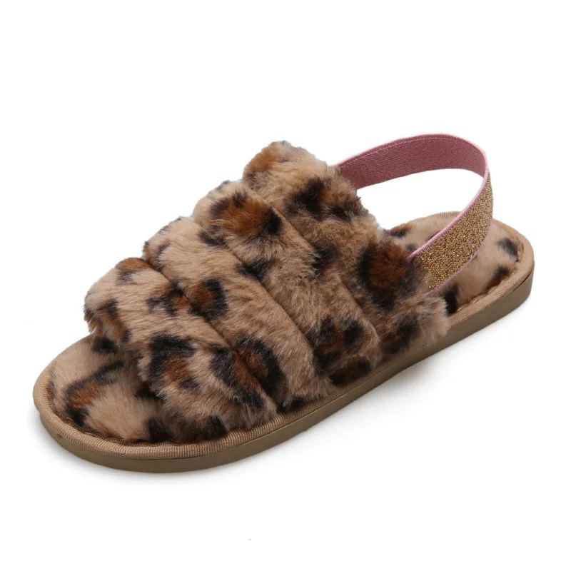 

Leopard Elastic Strap Women Furry Slippers Winter Warm Ladies House Shoes