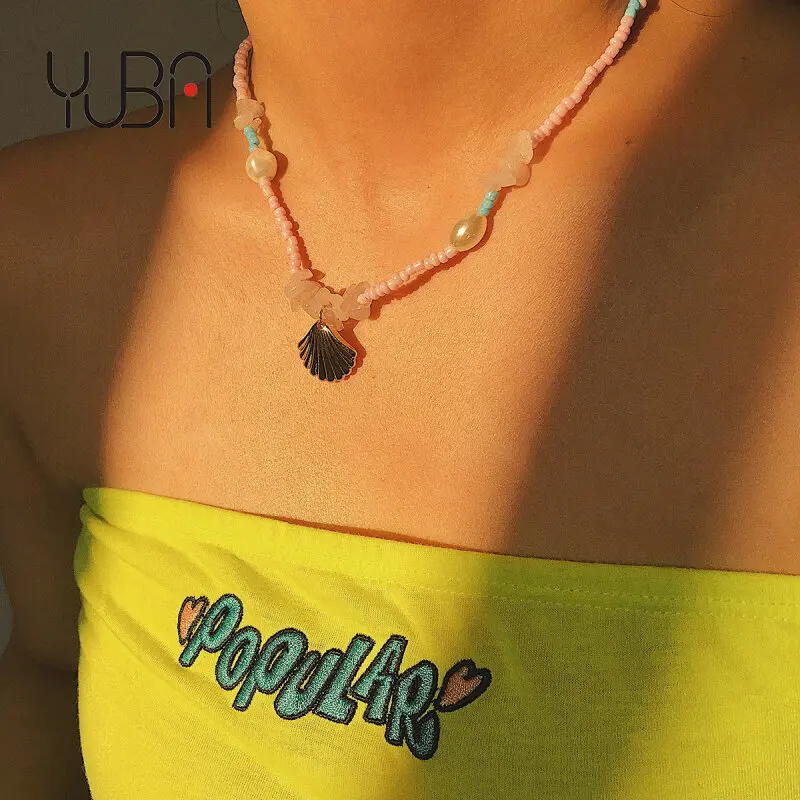 

New Ocean Style Gold Plating Boho Shell Choker Necklace Long Multi Color Bohemian Seed Bead Necklace For Holiday