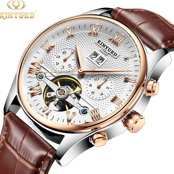 

KINYUED Factory brand J012 Men's business waterproof automatic case brown color leather strap Custom customized LOGO