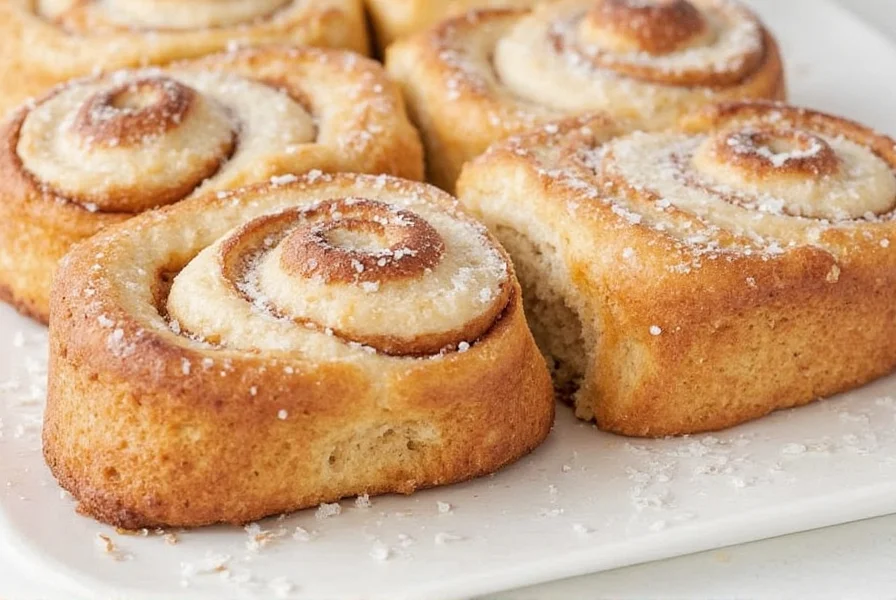 Close-up of Rhodes cinnamon rolls in baking pan showing golden brown tops and gooey filling