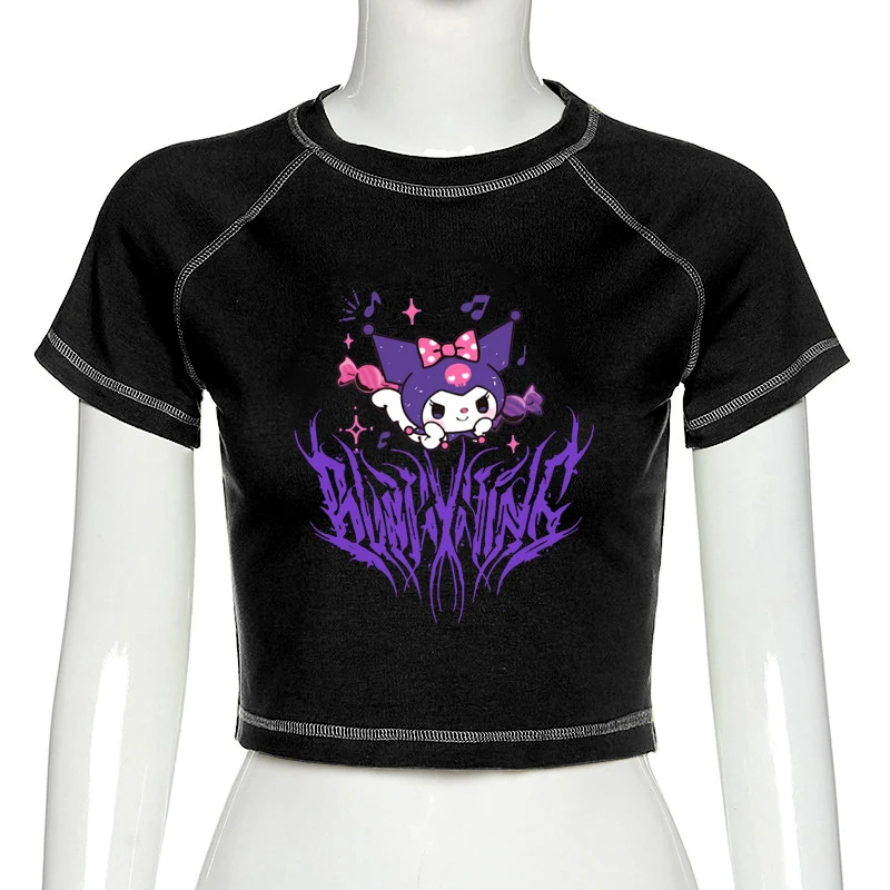 

gtkzs new fashion y2k japanese style anime cartoon kuromi print summer womens short sleeve crop top t shirt, Customized color
