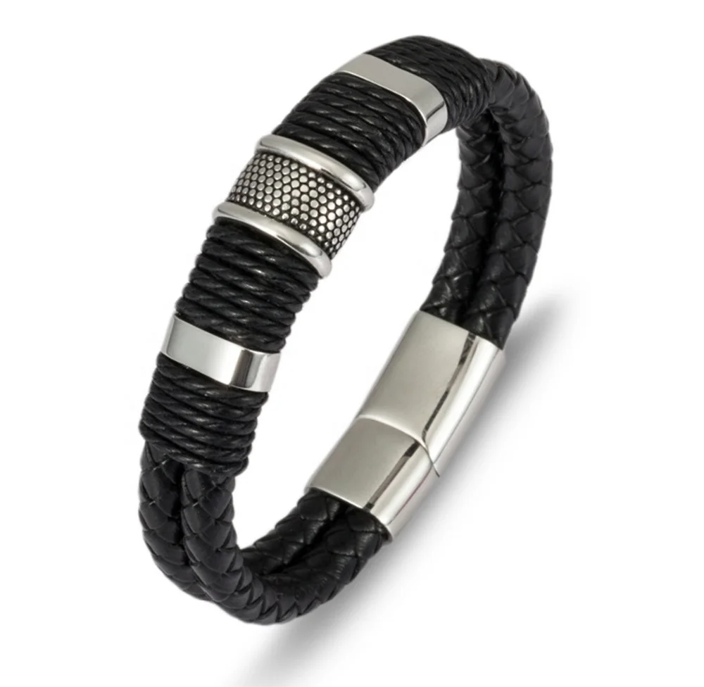 

VEROMCA Hot Sell Classic Wide Weave Chain Wristband Leather Bracelet For Man With Magnetic Buckle