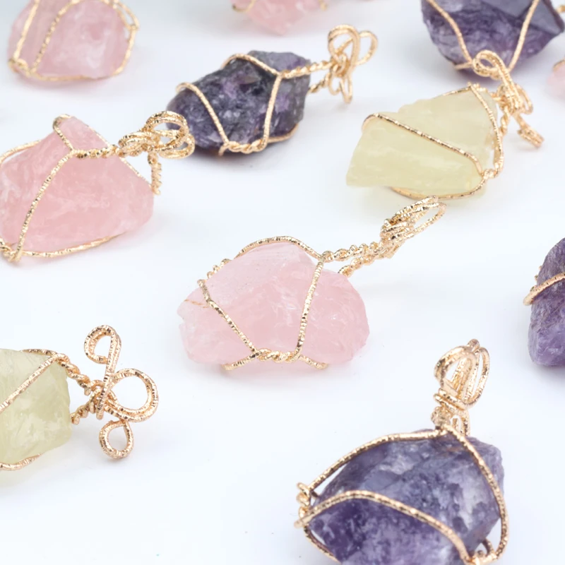 

Natural raw crystal rose quartz amethyst silk pendant sweater chain