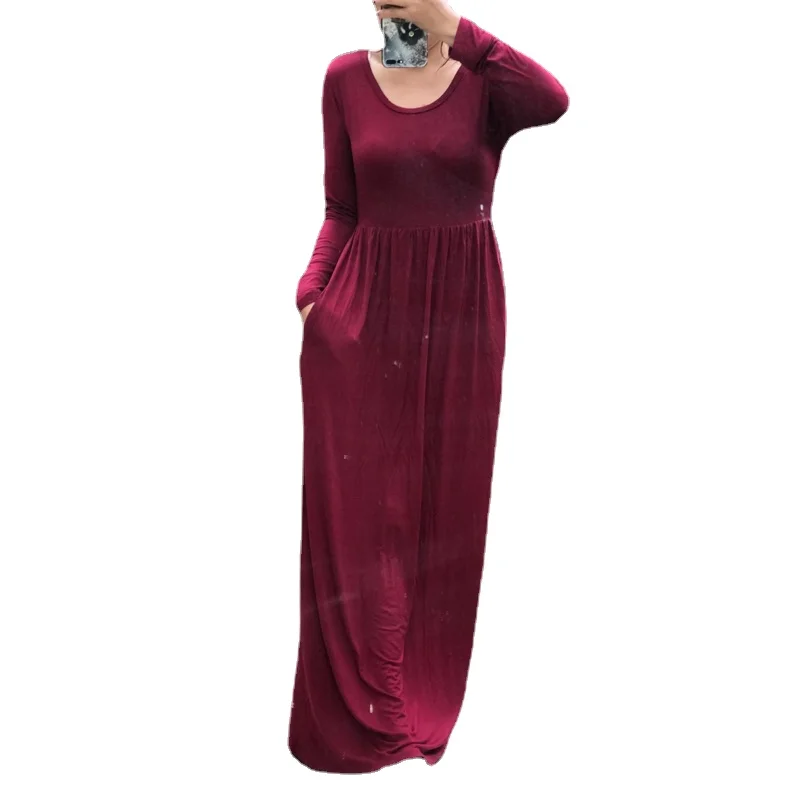 

Spring Summer Long Short Sleeve 33 Solid O-neck Casual Elegant Night Dress Plus Size Long Dress Women Autumn Elastic Waist Dress, Long sleeve bright blue, long sleeve dark green