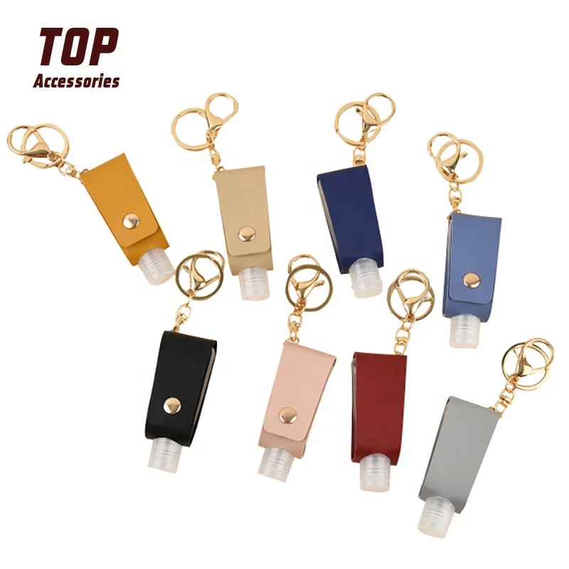 

Wholesale Custom Made Embossed Leather Keychains Disinfect Hand Sanitizer Bottle Holsters