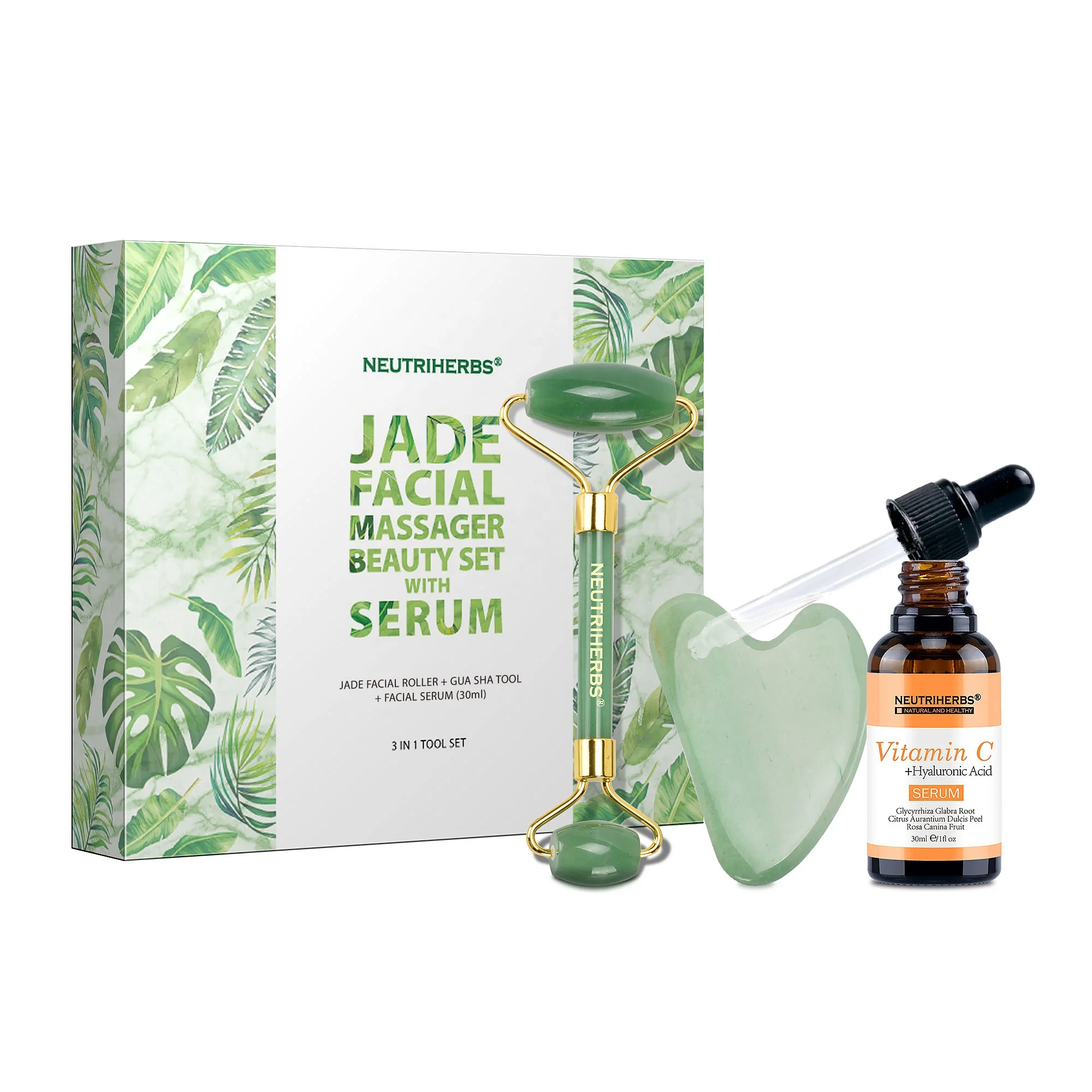 

Private Label Firming Tightening Vitamin C Serum Gua Sha Jade Roller For Face, Green