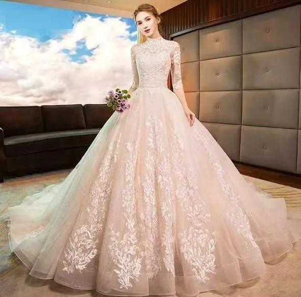 

7318a#Wholesale High Neck Ball Gown Wedding Dress Bridal Gown 20213/4 Long Sleeve Cheap Bridal Dress Real Photo Picture Factory, Off white/light champagne