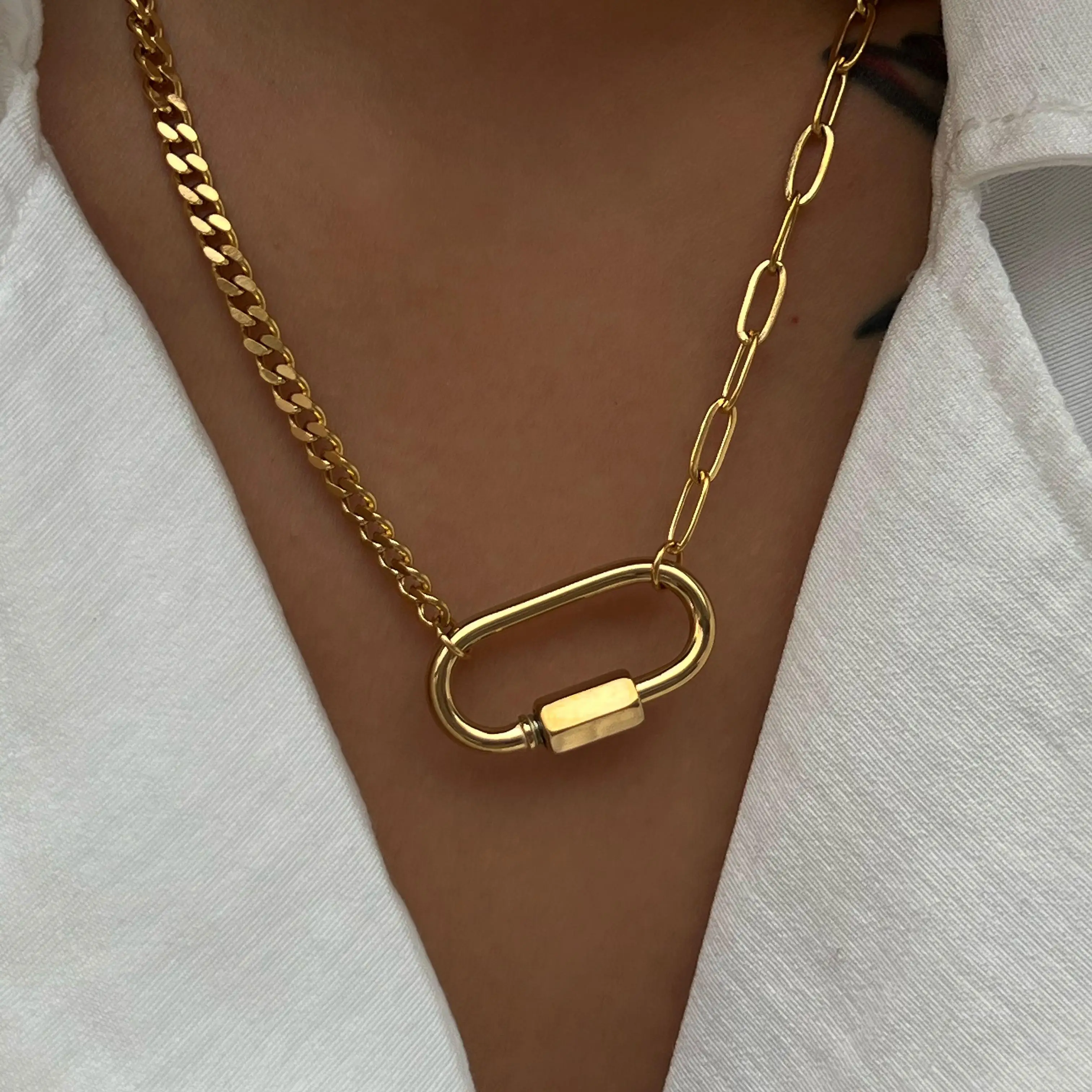 

2022 Dazan New Ins 18k Gold Plated Stainless Steel Tarnish Free U Shape Pendant Cuban Chain Mixed Design Necklace For Women