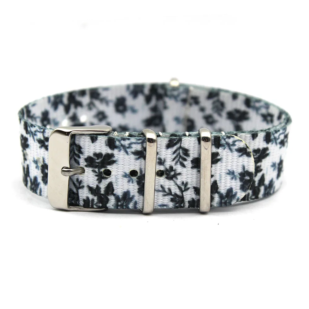 

White Flower Printed Graphic Nylon Watch Band Nato Strap 20mm