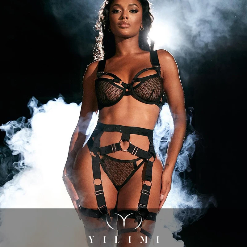 

2021 Newest Black Sexy Underwear Sheer mesh Lingerie Erotic Nightclub Dance Wear Women Sexy 3 Piece Lingerie set