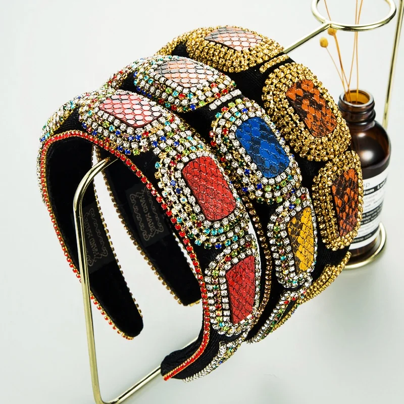 

Simple rhinestone leather casual headband Baroque rhinestone headband geometric figure cowhide pattern hair accessories, Picture shows