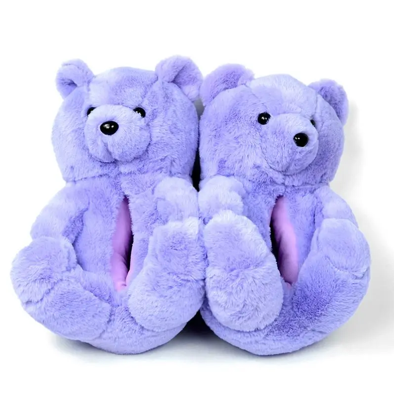 

Indoor House Slides Slippers Soft Custom Silver Color Faux Fur Plush Teddy Bear Slippers Set, Picture