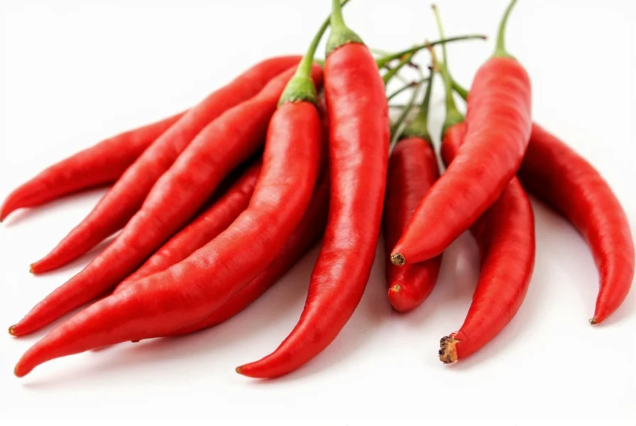 Close-up of red chili peppers on a white background showing different varieties suitable for diabetes management