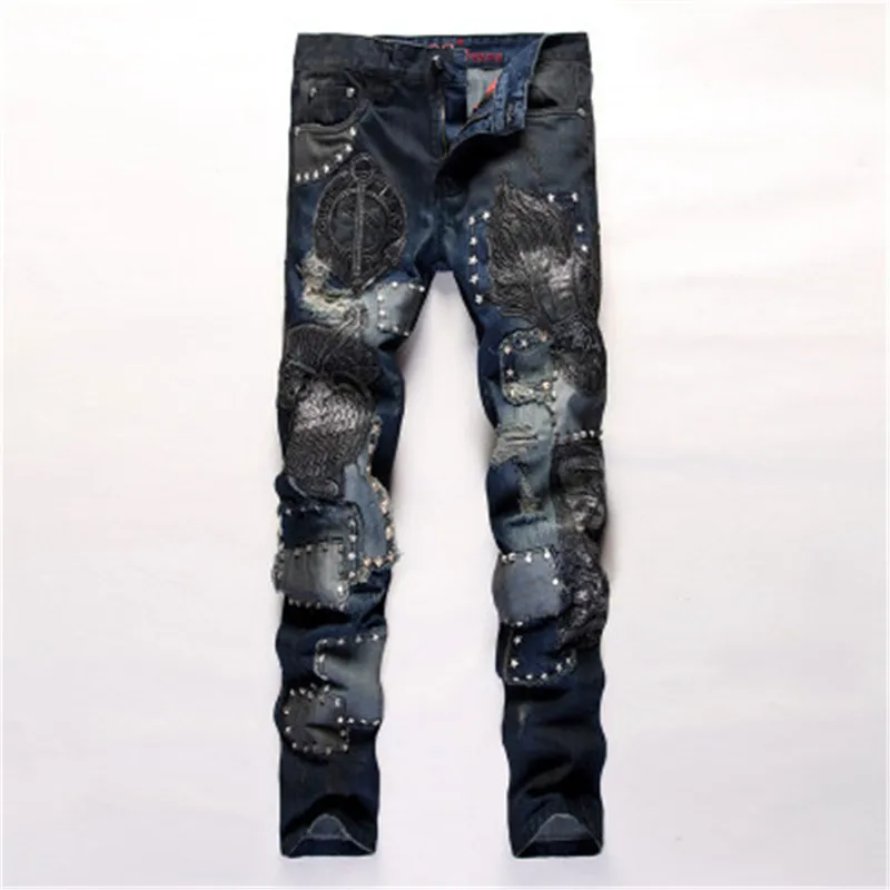 

Nightclub alternative men's autumn embroidery patchwork jeans rivet holes rock pants, Customized color