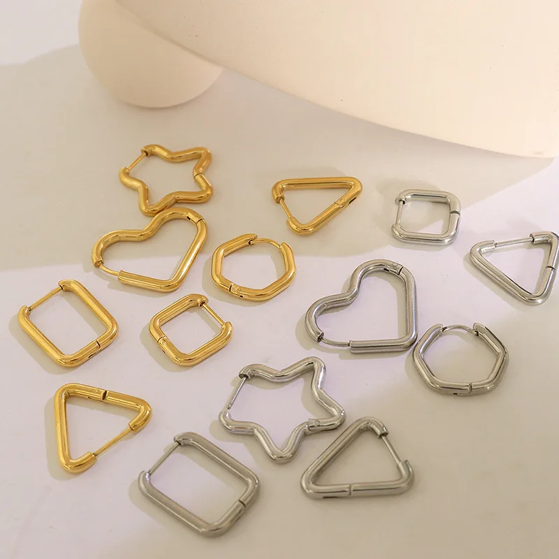 

High End PVD 18K Gold Plated Simple Smooth Heart Rectangle Triangle Square Huggie Earrings Stainless Steel Jewelry Wholesale