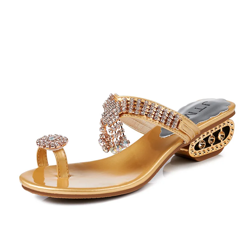 

Summer Women Bling Slippers Ladies Low-Heeled Sandals Rhinestones Thong Flip Flop Wedges Shoes Women Outdoor Sweet Female Sandal, Silver, gold