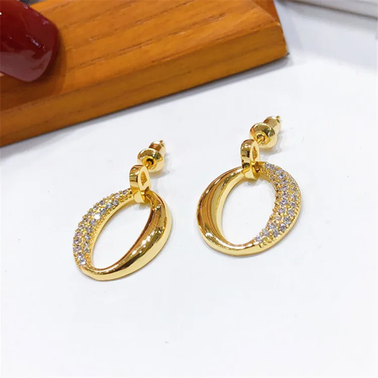 

Fashion European 18K Gold Plated Hollow Sterling Silver Post CZ Zircon Oval Drop Earrings For Women