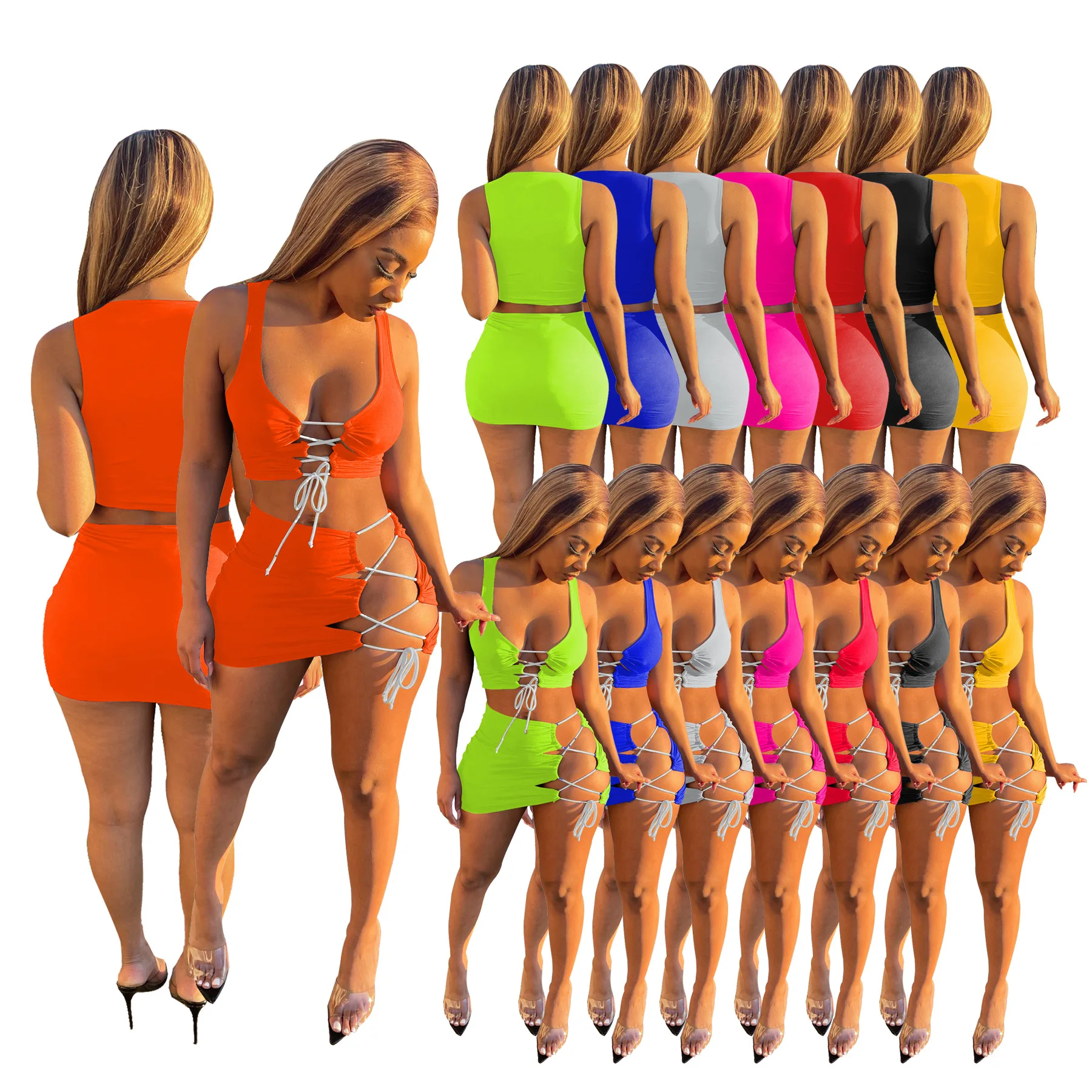 

2021 new style summer sleeveless bandage 2 piece mini skirt set women two piece outfits women sexy sets, As picture or customized make