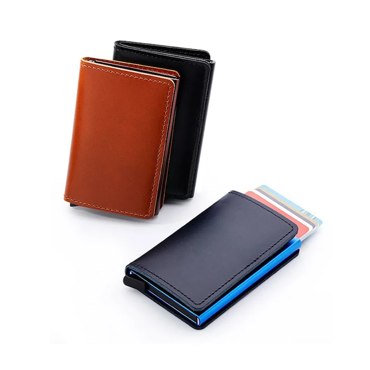 

genuine leather rfid blocking aluminum pop up credit card holder, Black,brown,blue