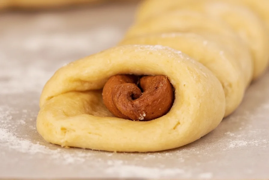 Close-up of cinnamon twist dough being rolled with filling