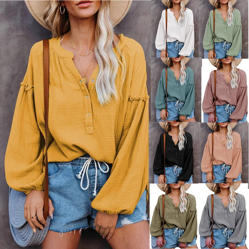 

Women 2021 Autumn Blouse Long Sleeves Solid Sweater V Neck Casual Buttoned Pullover Loose Lantern Sleeve Tops