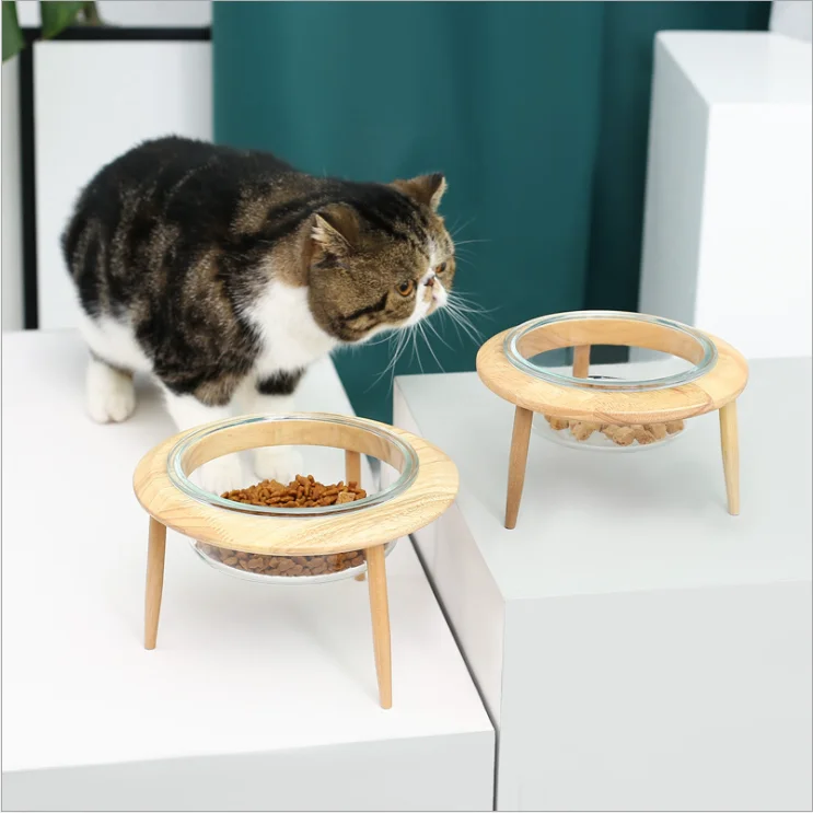 

High Quality Two Sizes Glass Pet Water Food Feeder Pet Feeding Bowl With Wooden Stand