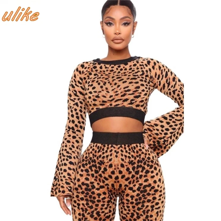 

High Quality Fashion Casual Fall Leopard Print Wide Cuff 2 Piece Set Women Two Piece Set Women Clothing