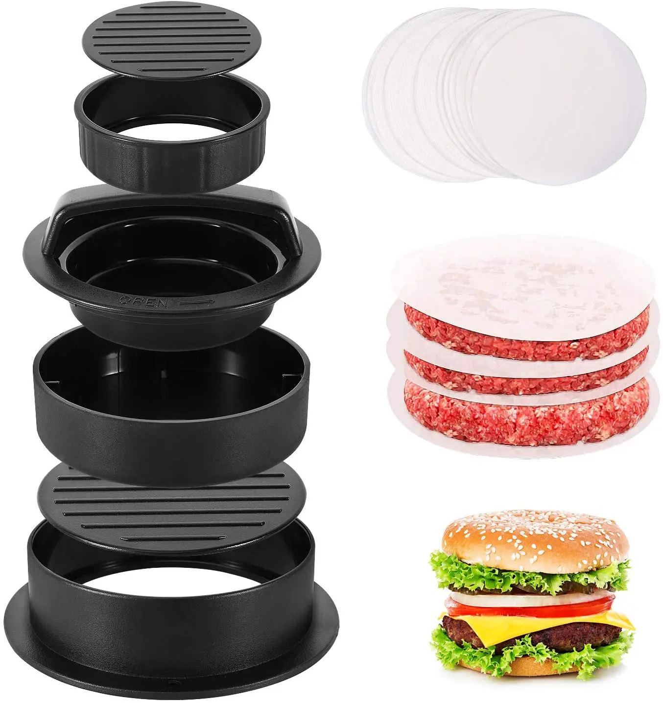 

Black 3 in 1 Burger Press, Plastic Durable Hamburger Press Patty Stuffed Burger Maker with 100ps Burger Paper