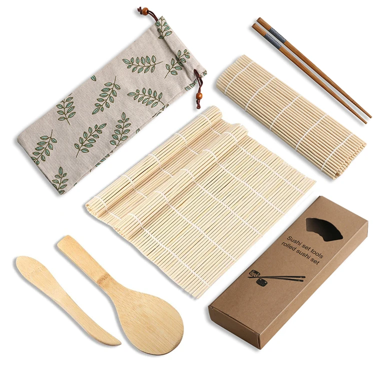 

Amazon Hot Selling Cloth Bag Sushi Bamboo Rolling Tools Kit Sushi Mat Spoons Chopsticks Set