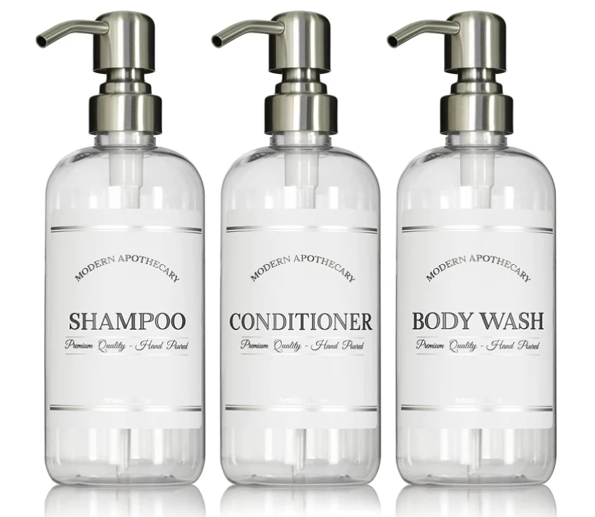 

Clear PET Plastic Refillable Shampoo Conditioner & Body Wash Pump Bottle Dispensers with Stainless Steel Pumps