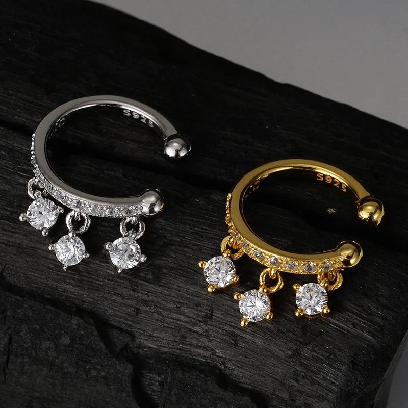 Korea Fashion Jewelry 925 Sterling Silver Geometry Round CZ Diamond Dangling Clip on Ear Bone Hoop Earring Non Piercing Jewelry