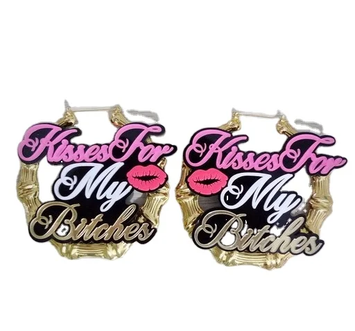 

Big Size Gold Plated Bamboo Letter Glitter Acrylic Hoop Earring, As pic