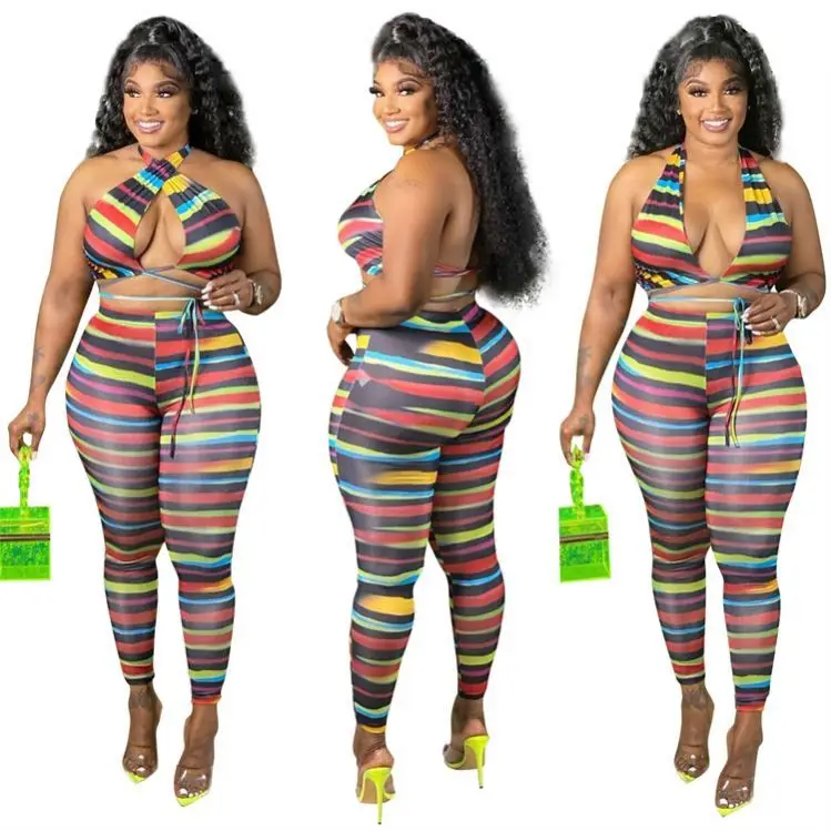 

Fondpink Hot Sale Bra Sext Bandage Colorful Striped Plus Size Women Clothing Outfits 2 Piece Two Piece Summer Sets