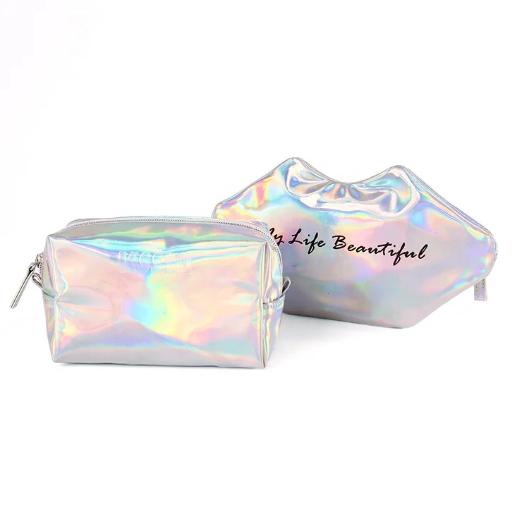 

Personalised Eco friendly silver holographic beauty girl cosmetic make up bag set, Customized