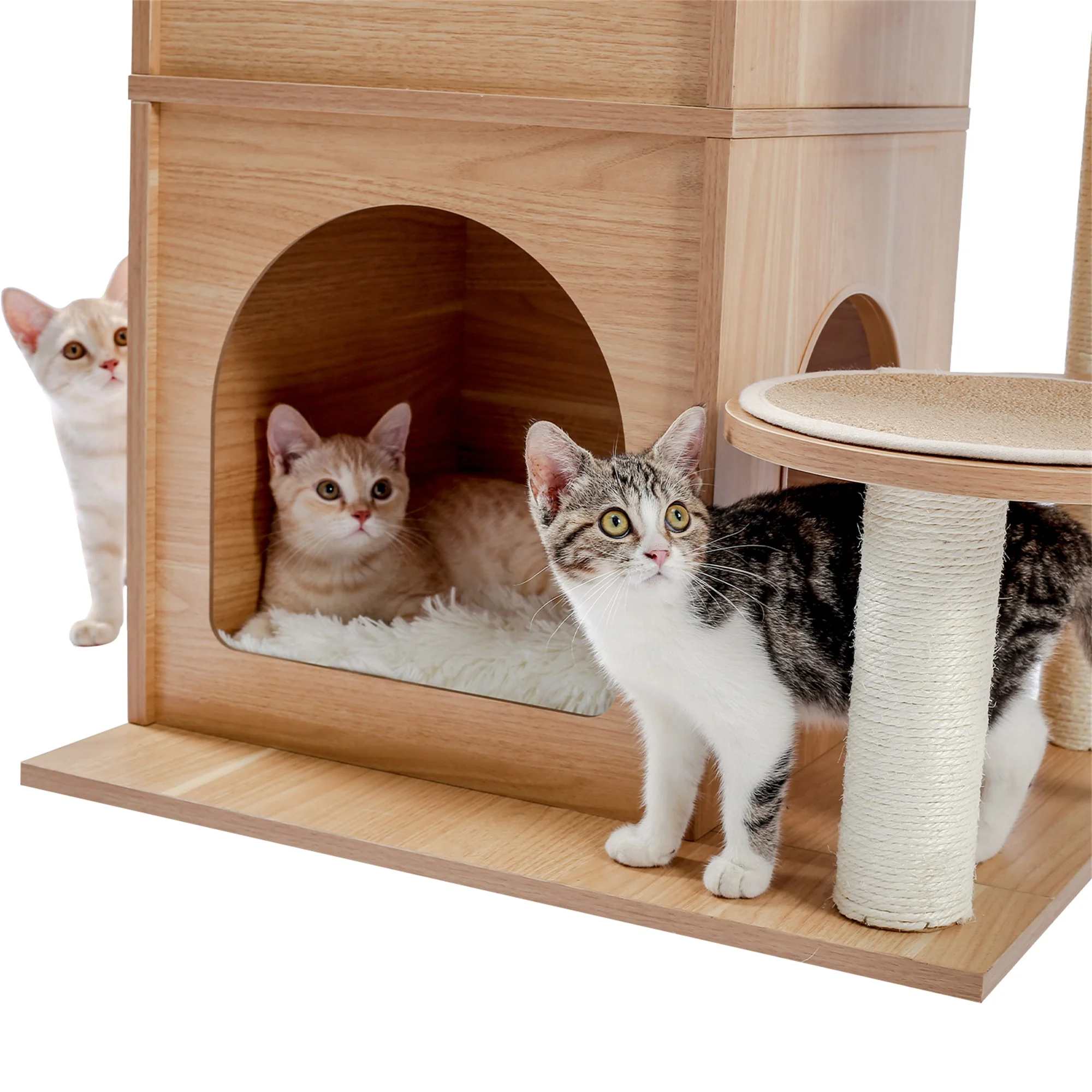 

5 Levels Modern Cat Tower Cat Sky Castle with 2 Cozy Condos, Luxury Perch and Interactive Spring Ball, Beige
