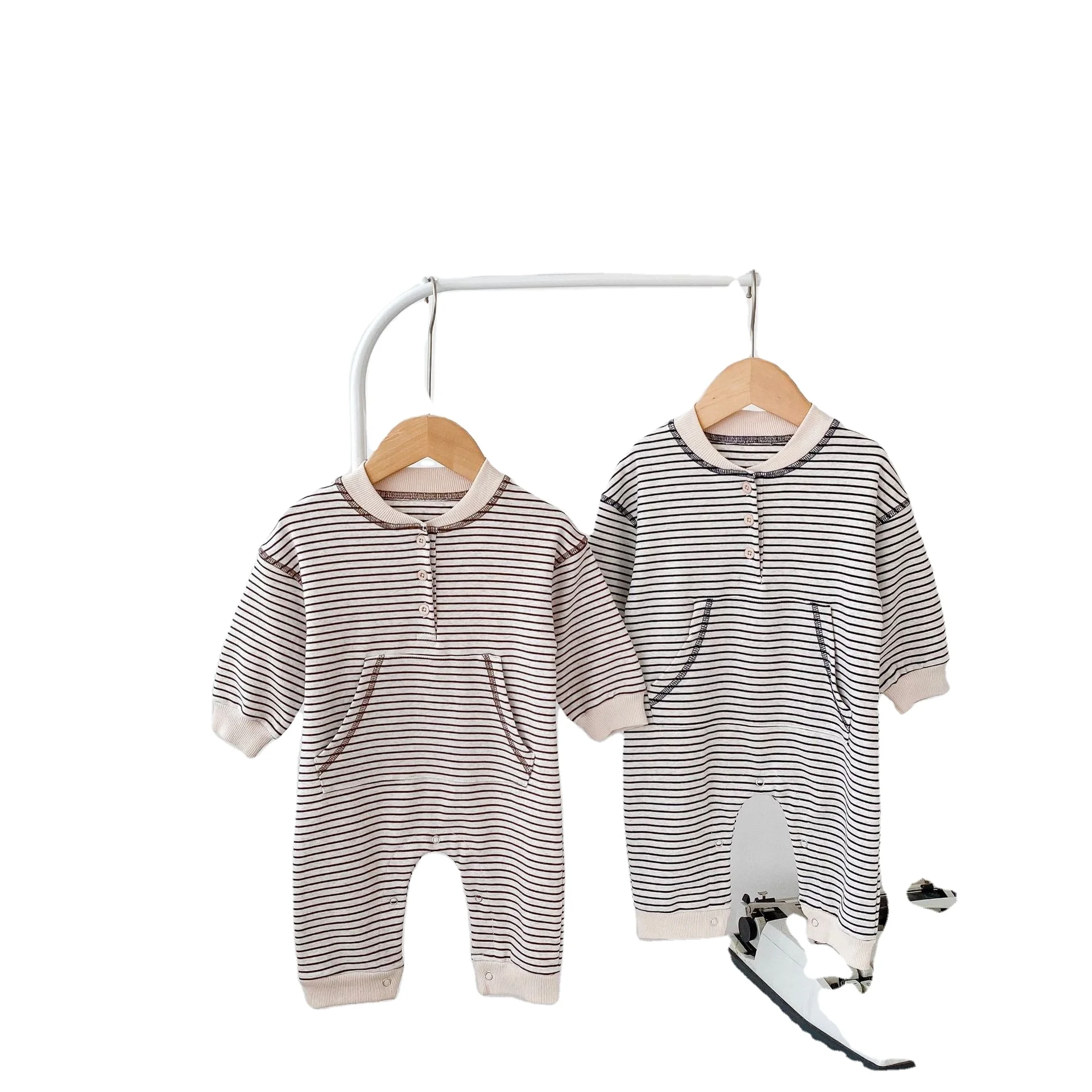 

EGFS Australia US Autumn Babies Jumpsuits Long Sleeved Cotton Newborn Climb Clothes Front Pockets Striped Toddler Boys Bodysuits, As shown