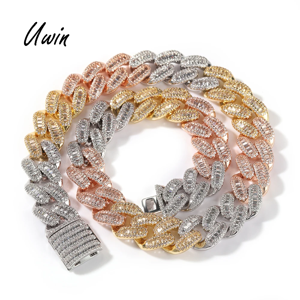 

UWIN 15mm Width Chunky Baguette CZ Cuban Chain 3 Colors Plated Icy Miami Necklace Hip Hop Rapper Jewelry, Gold, silver, or custom for you