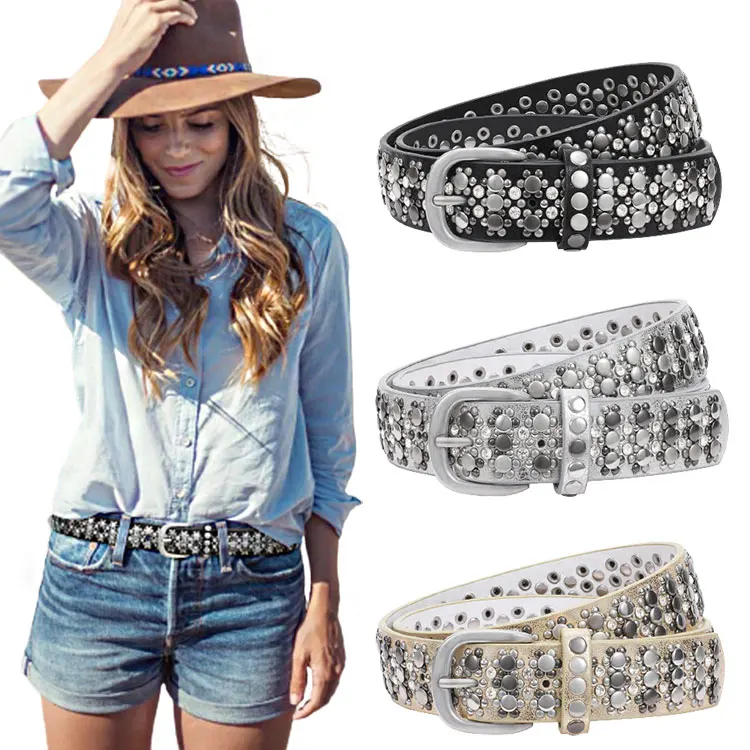 Hot Selling Women Leather Belt Shiny Leather Rivets Studded Punk Designer Fashion Belt