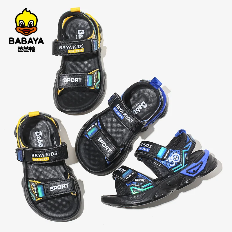 

36017 Black Microfiber Lighted Hard Wearing Rubber Flat Foot Kids Design Sandales, As picture