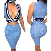 

2019 Clothing Vendors Stripped Open Chest Crop Top And Fitting Skirt Including Choker Ladies Casual Clothes