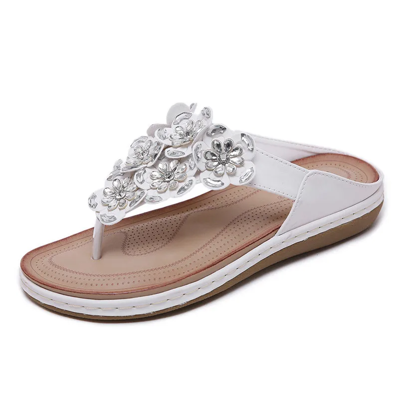 

Dropshipping Ladies Summer Beach Fashion Slippers Soild Color Plus Size Rhinestone Flower Women Flip Flops Slippers