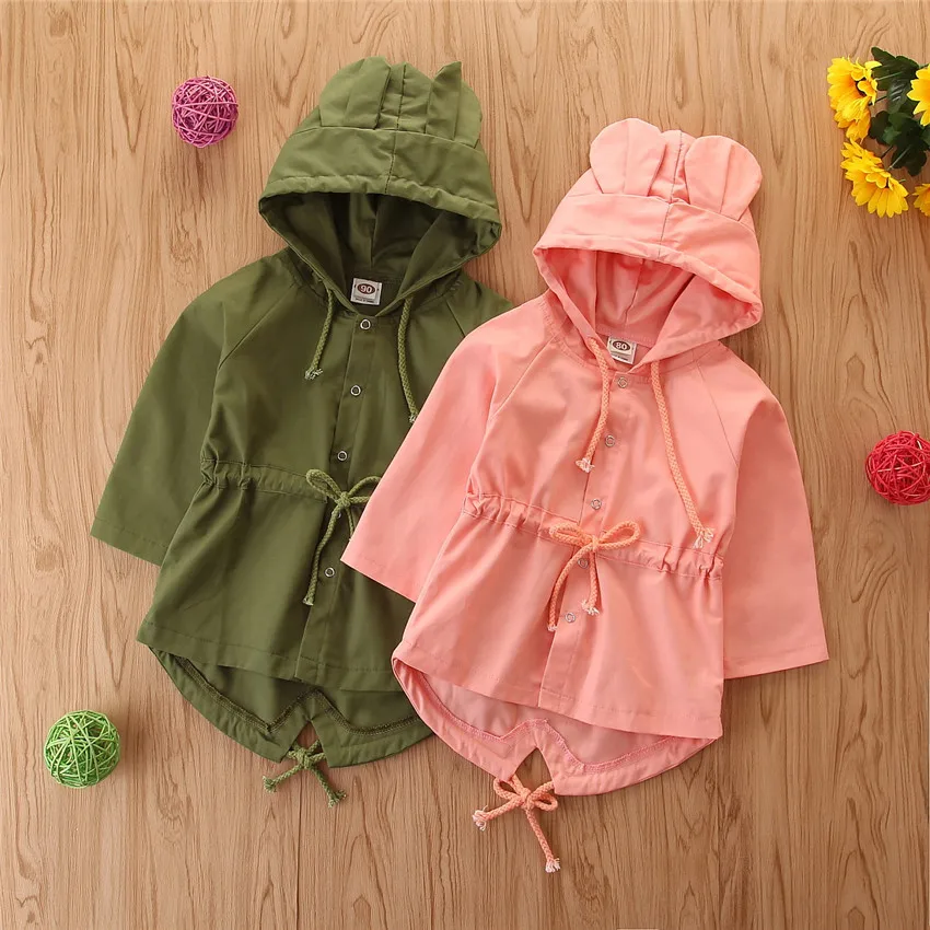 

2020 Spring New Baby Girl Cute Rabbit Hooded Jacket Children Girl Army Green Lace up Windbreaker Outdoor Wear for 1-5T, Green pink