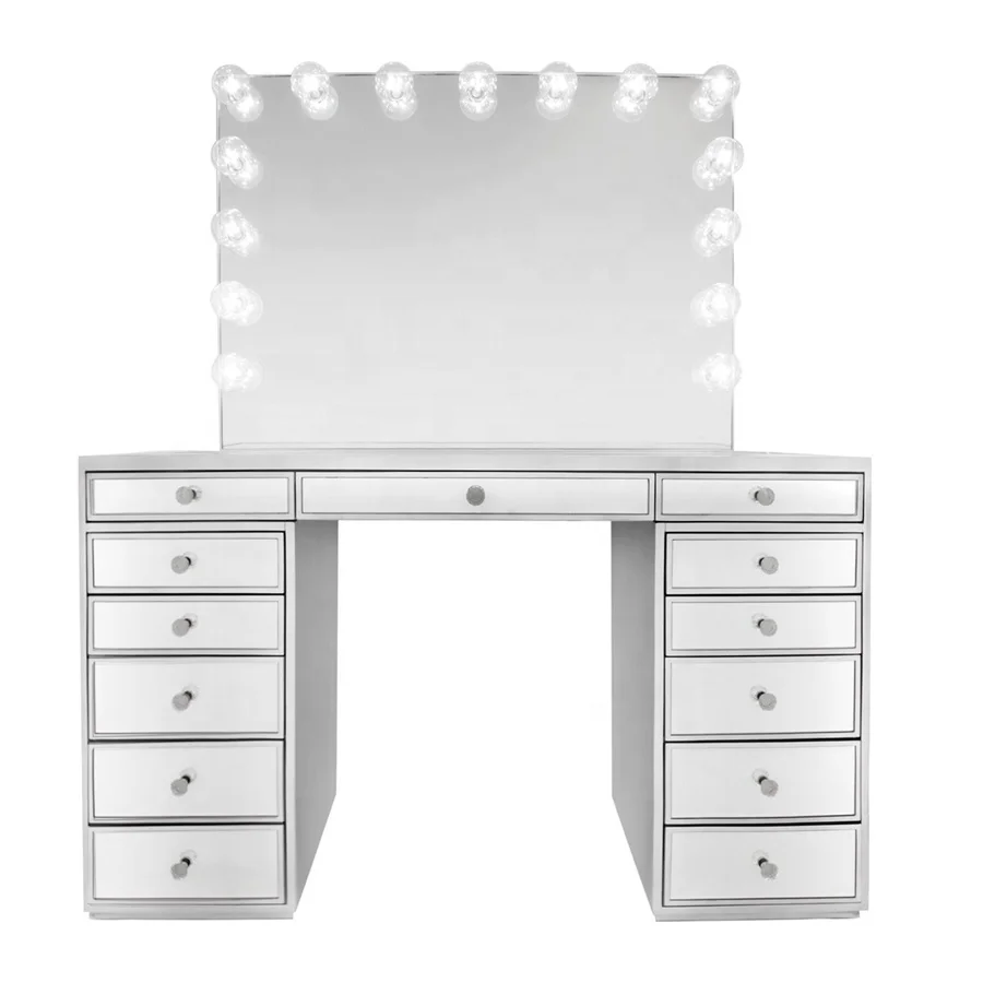
Vanity Modern Large Mirrored Dressing Table Set LED Dressing Table with Mirror and Stool 